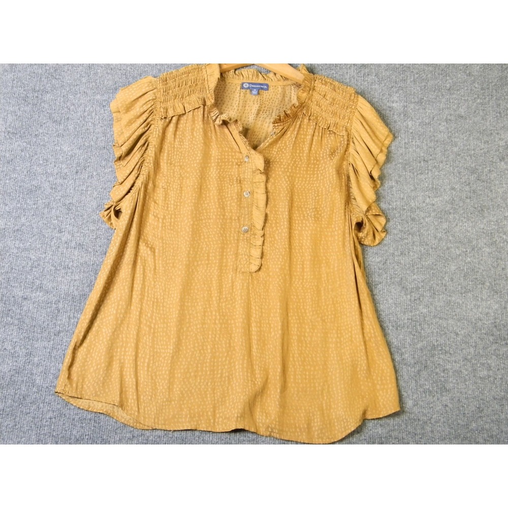 Democracy Womens Blouse M Mustard Yellow Ruffle Sleeve Dot Print Boho Top